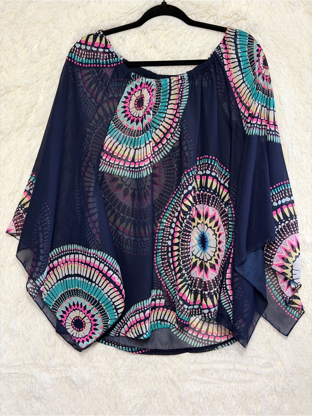 Dorothy Perkins Womens Boho Sheer Kimono Sleeve Blouse Size 12 Navy Resortwear